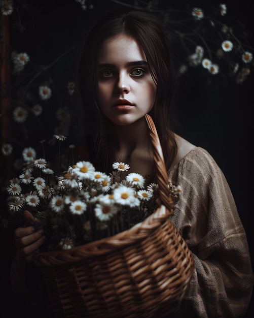 Girl holding a basket of daisies generative AI