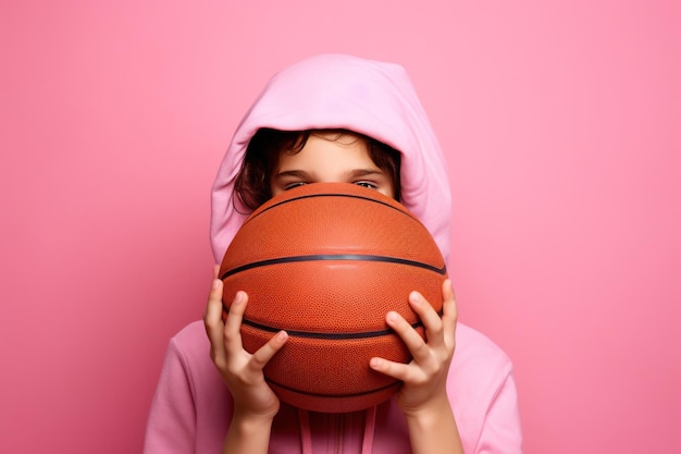 Girl holding basketball ball on pink background