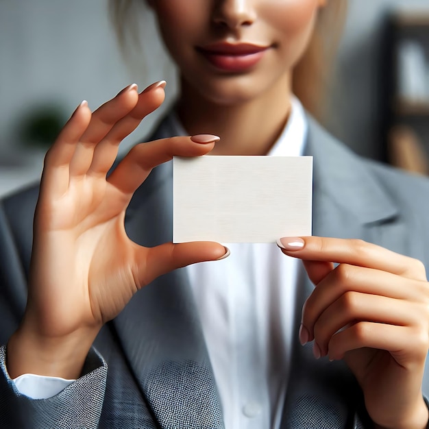 Photo girl holding a blank business card in her hands mockup