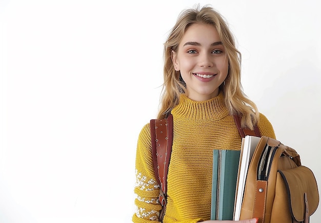 Photo a girl holding books and a book with a smile on her face