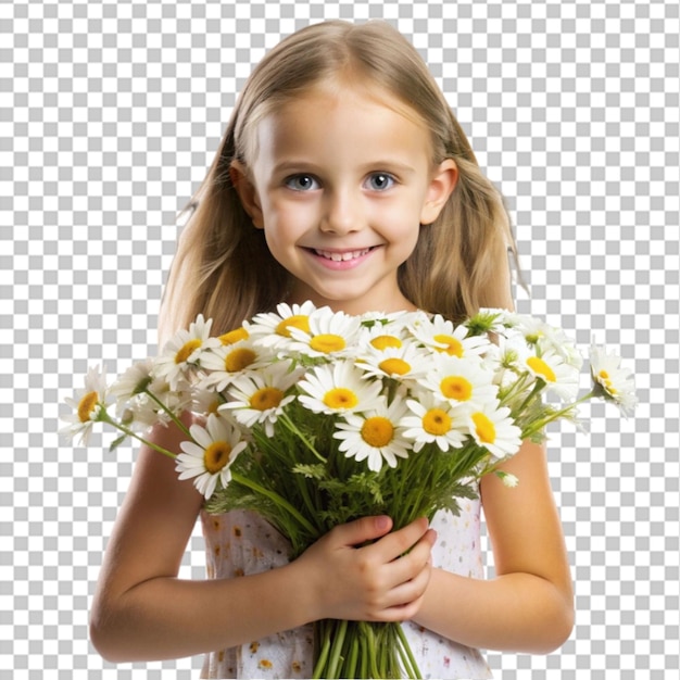 A girl holding a bouquet of daisies flowers