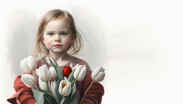 A girl holding a bouquet of tulips