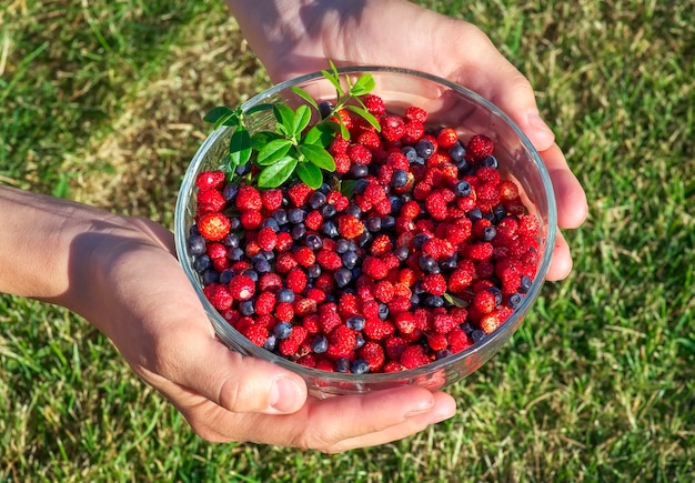 Girl holding a bowl of blueberries and strawberries