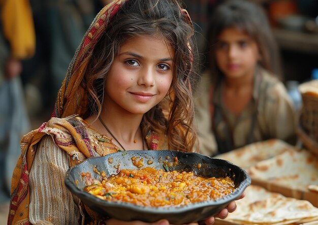 a girl holding a bowl of rice and a plate of rice