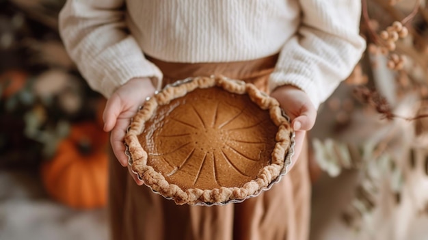 A girl holding a brown pumpkin pie the day of thanksgiving Thanksgiving day Boho Chic Style Decor