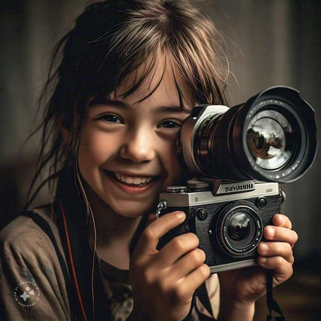 a girl holding a camera with the word canon on it