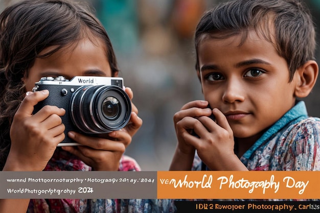 a girl holding a camera with the words quot the world quot on it