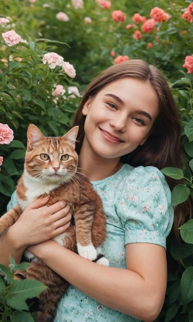 Photo a girl holding a cat and a girl in a garden