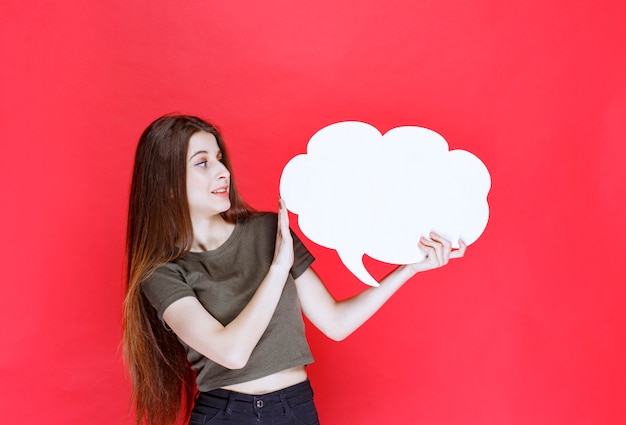 Girl holding a cloud shape info board and refusing of using it. 