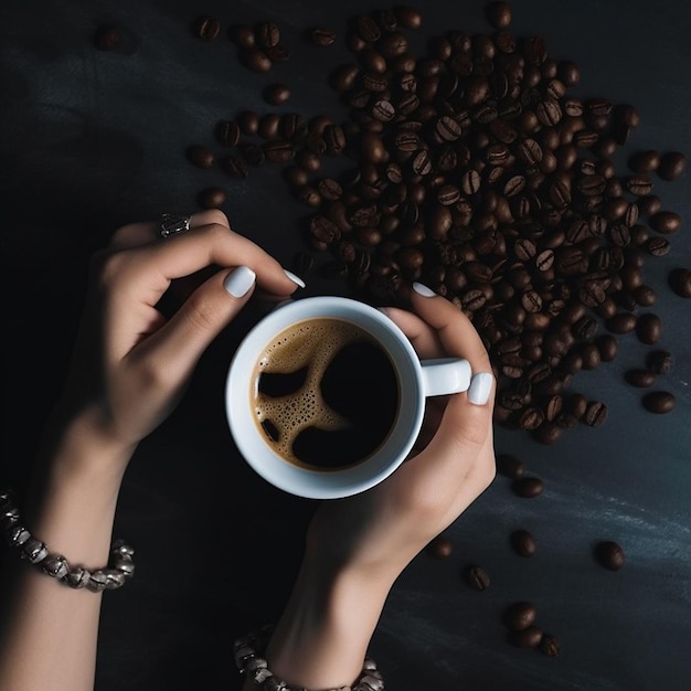 A girl holding a cup of coffee with coffee beans on the table