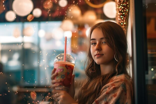 Photo a girl holding a cup of frozen yogurt