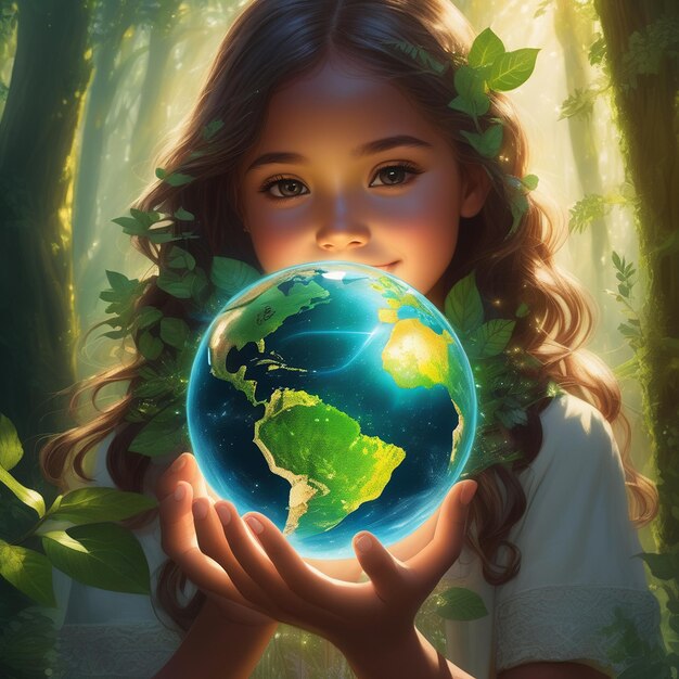 Girl holding earth 4k image