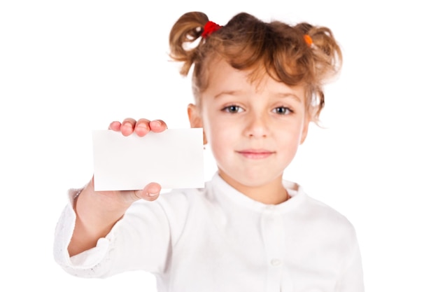 Girl holding empty card isolated on a white background