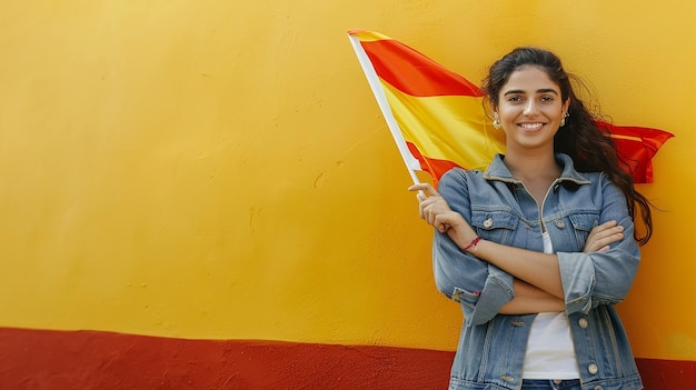 Photo a girl holding a flag in front of a yellow wall