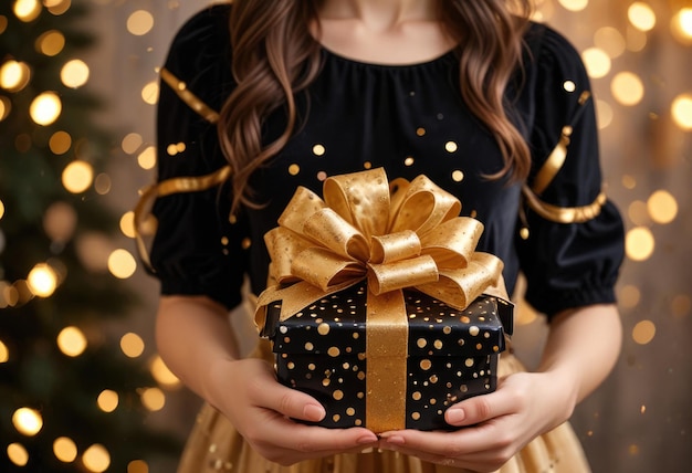 a girl holding a gift with gold ribbon and a gold bow