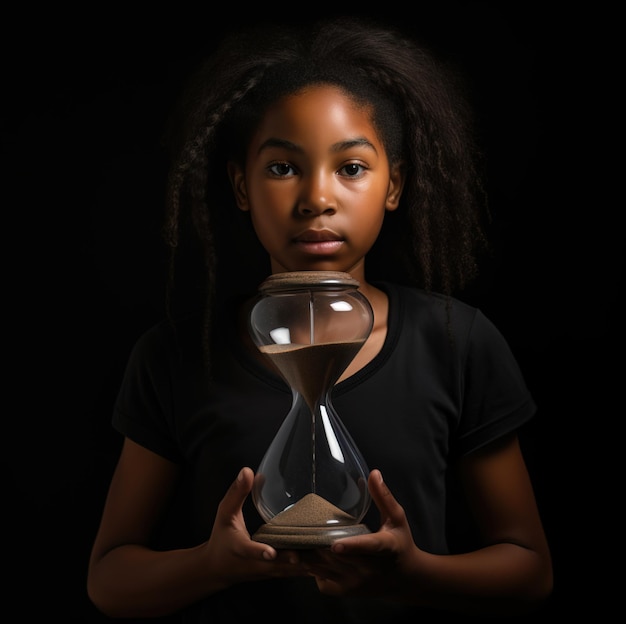 a girl holding a glass hourglass with the word " o " on it.