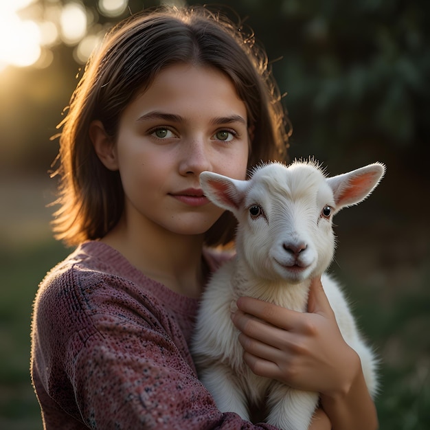 a girl holding a goat with the sun behind her