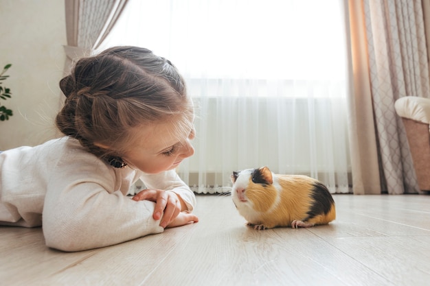 Girl holding a guinea pig in her arms