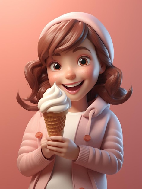 a girl holding an ice cream cone with a pink background.