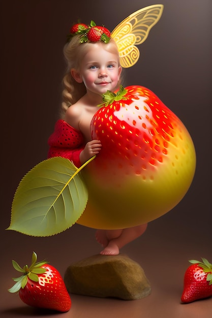 A girl holding a large strawberry ai generative