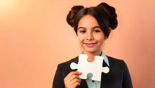 girl holding the last piece of a puzzle on peach color background autism awareness