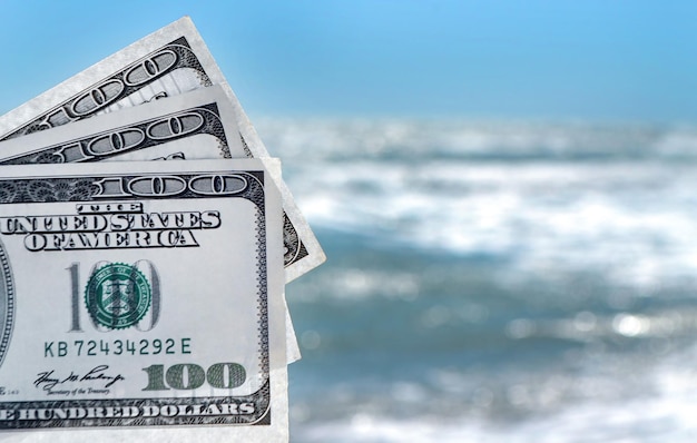 Girl holding money bill of 300 dollars on background of sea ocean