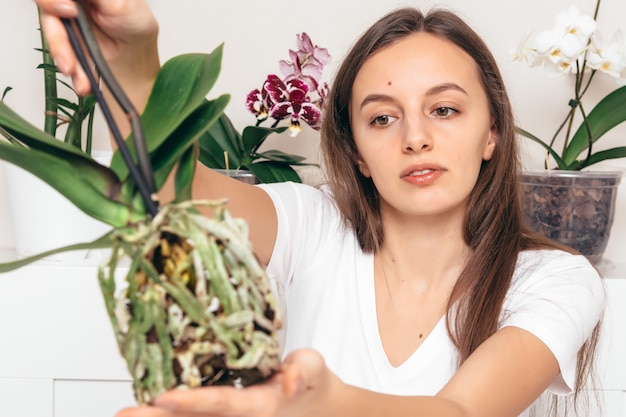 Girl holding orchid flower's root