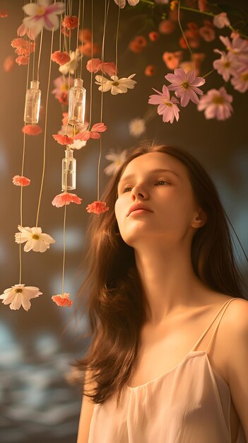 Photo girl holding perfume bottle soft plant and flower orange background