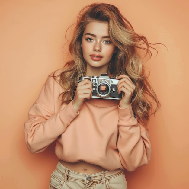 Photo girl holding a photo camera with peach fuzz colored background