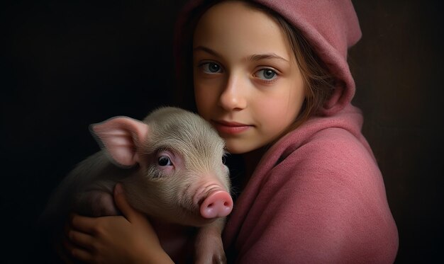 Photo a girl holding a pig with a pink hoodie on