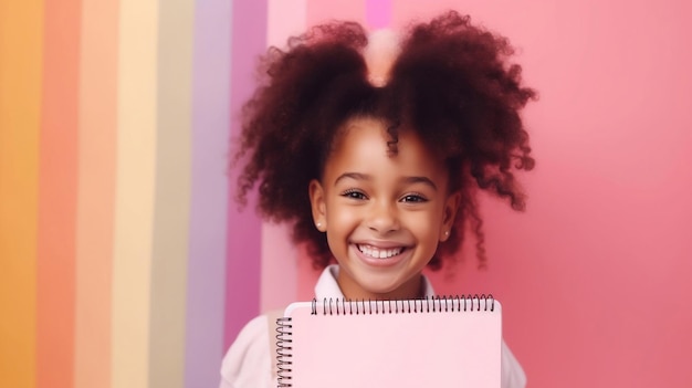 A girl holding a pink notebook with the word girl on it.