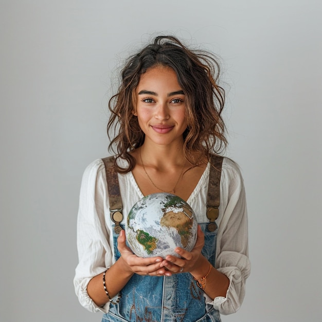 Girl holding planet earth in hands