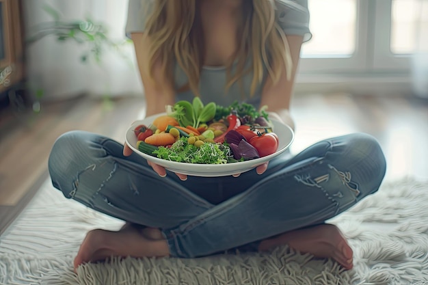 Photo girl holding a plate with healthy food while sitting on the floor