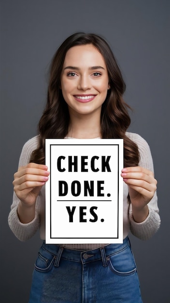 Girl holding poster with a sign check done yes isolated on a gray background