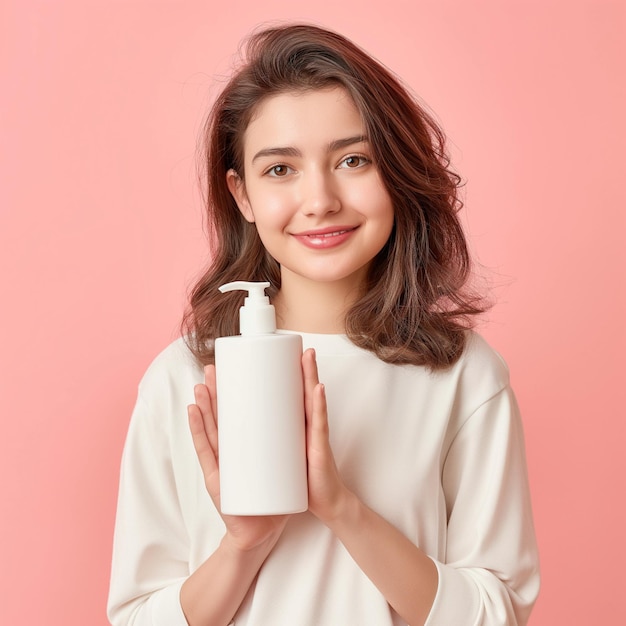 a girl holding a product bottle with a pink background behind her