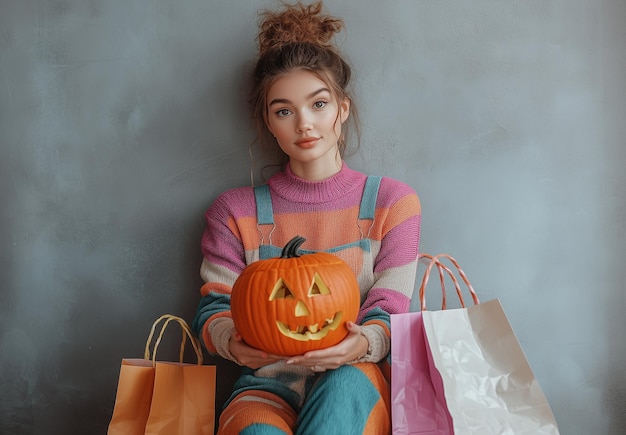 a girl holding a pumpkin that has a pumpkin on it