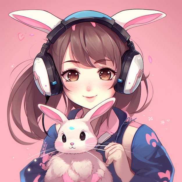 A girl holding a rabbit wearing a blue shirt and headphones.