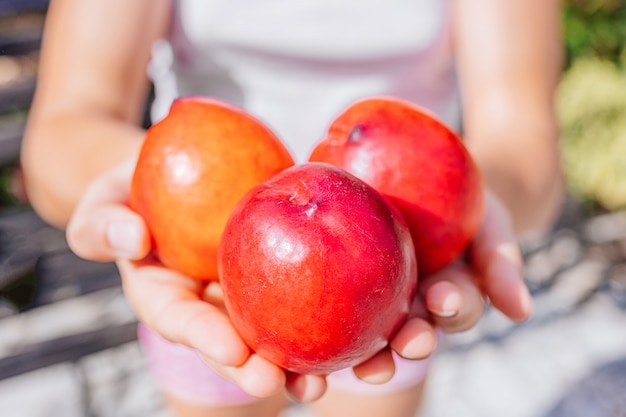 Girl holding a ripe red peach in her hand.