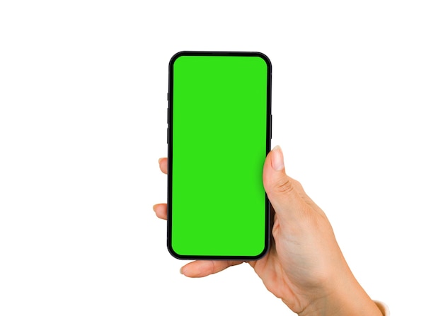 Girl holding a smartphone with green screen Chroma Key White background