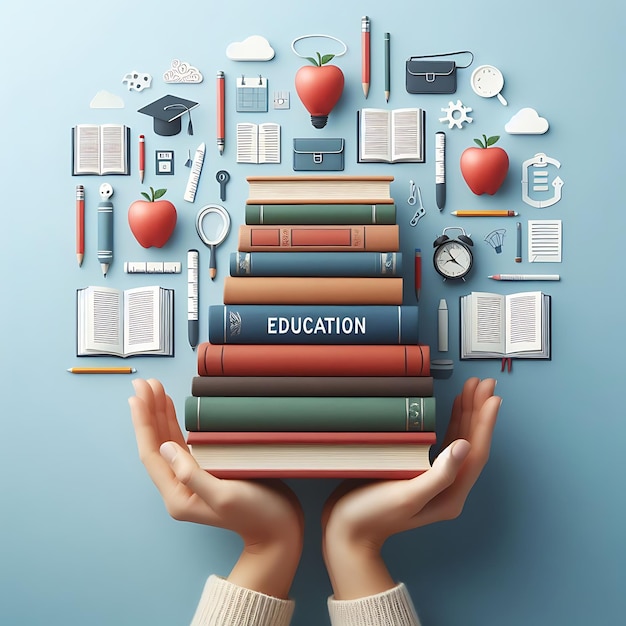 A girl holding Study materials book stacks imposing female education higher education study