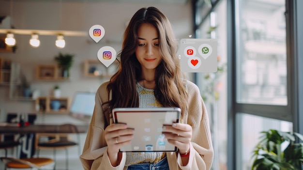 a girl holding a tablet with the words love on it