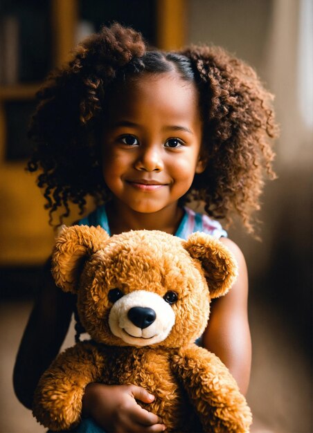 a girl holding a teddy bear with a black nose and a brown teddy bear in the background