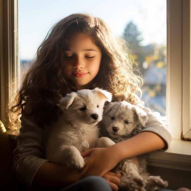 a girl holding two dogs and a window with a girl holding a puppy