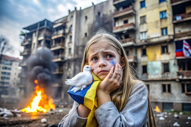 Photo a girl holds a bird and a yellow scarf in front of a fire that says  the word