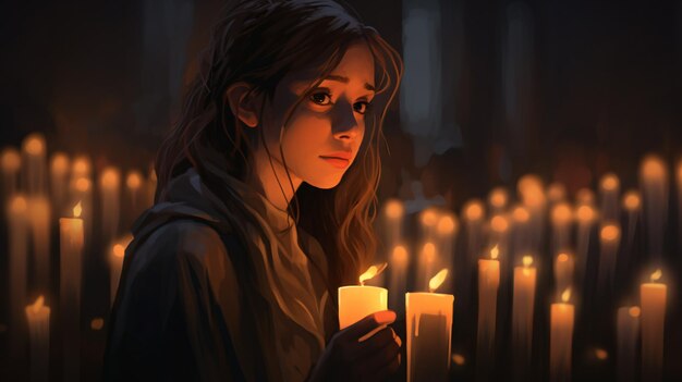 a girl holds a candle in front of a wall of candles