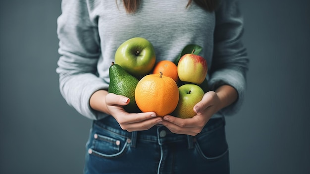 The girl holds fruits and vegetables in her hands Healthy food concept Al generated illustration