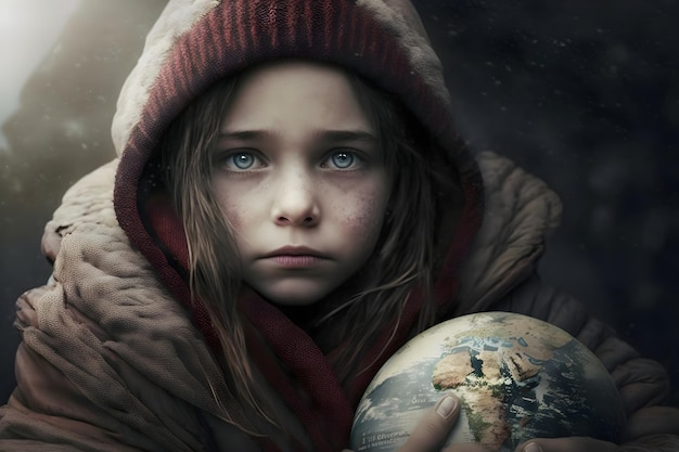 A girl holds a globe in her hands.