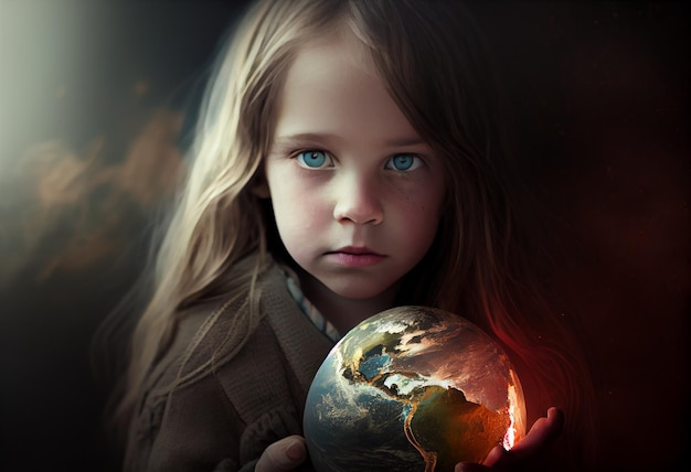 A girl holds a globe with the word world on it.