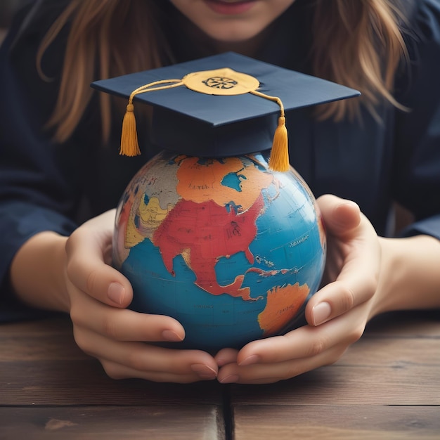 a girl holds a globe with the words earth on it