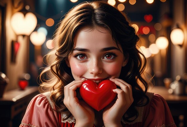 a girl holds a heart with her hands over her face